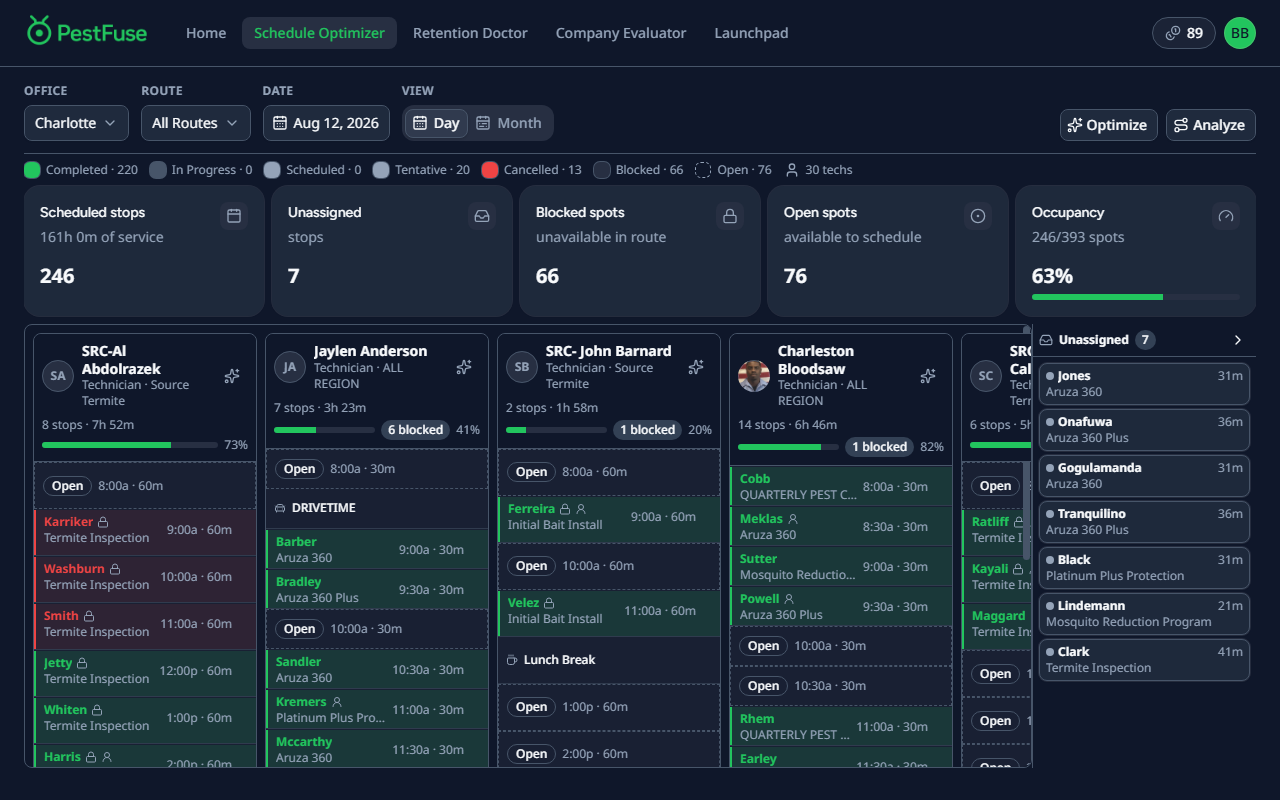 Schedule Optimizer day-view routes board showing optimized tech routes and appointment slots